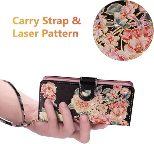 UEEBAI Wallet Case for Samsung Galaxy A17 5G, PU Leather Phone Cover Kickstand RFID Blocking Flip Case Card Slots Wrist Strap Relief Engraved Pattern Magnetic Closure Folio Cover - Black Rose - color: Black Rose, size: Samsung Galaxy A17 5G