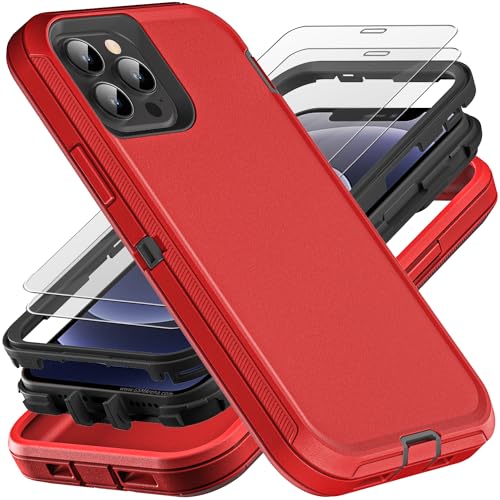 YKHJKLEC for iPhone 12/12 Pro Case, Military Grade 3 in 1 Heavy Duty Shockproof/Drop Proof/Dust Proof with 2Pcs Tempered Glass Screen Protector (Red/Black) - color: Red/Black