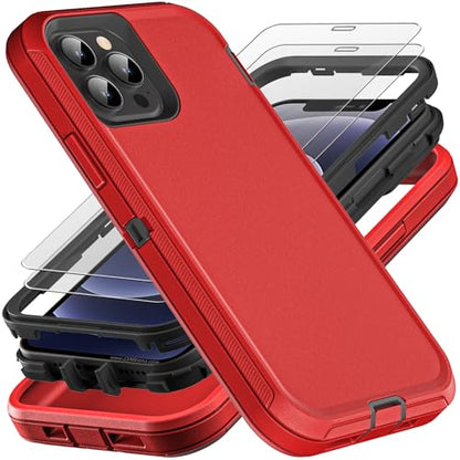 YKHJKLEC for iPhone 12/12 Pro Case, Military Grade 3 in 1 Heavy Duty Shockproof/Drop Proof/Dust Proof with 2Pcs Tempered Glass Screen Protector (Red/Black) - color: Red/Black