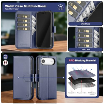 Magnetic 2 in 1 Detachable Compatible with Magsafe iPhone Air Genuine Wallet Case with Card Holder,Women Men Real Leather Flip RFID Blocking Credit Card Slots Stand Phone Cover,Dark Blue - color: Dark Blue, size: iPhone Air - 6.5"
