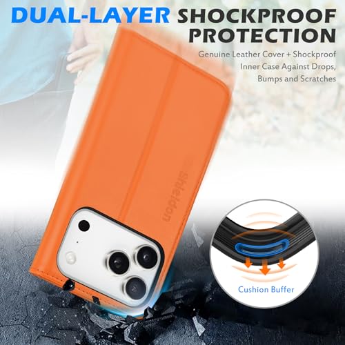 SHIELDON Genuine Leather Case Wallet for iPhone 17 Pro 6.3" 2025, Orange | Magnetic Closure, RFID Blocking, Credit Card Slot, Kickstand, Flip Book Design, Soft Shockproof Phone Cover - color: Orange