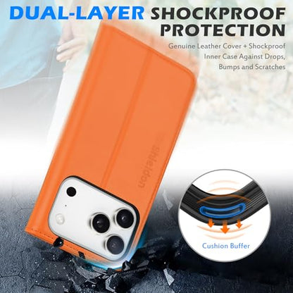 SHIELDON Genuine Leather Case Wallet for iPhone 17 Pro 6.3" 2025, Orange | Magnetic Closure, RFID Blocking, Credit Card Slot, Kickstand, Flip Book Design, Soft Shockproof Phone Cover - color: Orange