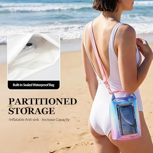 IP68 Waterproof Phone Pouch Case Three-Layer Seal for iPhone 17 16 Pro Max/15/14, IP68 Travel Cellphone Dry Bag Beach Cruise Ship Essential Bucket Bag with Crossbody Lanyard, Iridescent - color: C1-Iridescent