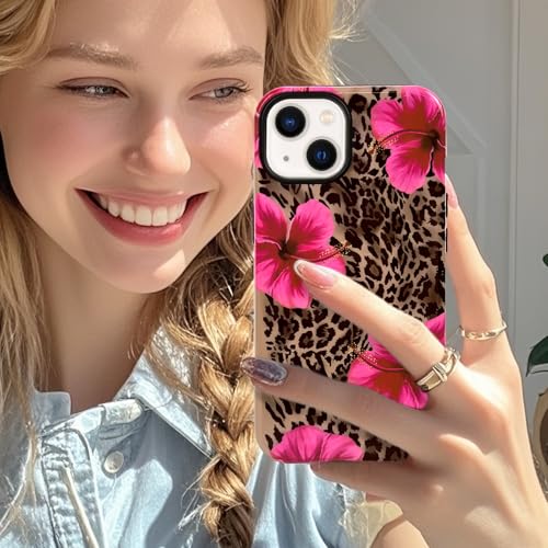 Lovmooful for iPhone 13/14 Case Cute Flower Leopard-Hibiscus | Compatible for iPhone 13/14 Case,Aesthetic,Hibiscus,Floral,2 in 1,for Women Girls,Soft TPU+PC,Shockproof,Protective - size: iPhone 13/14