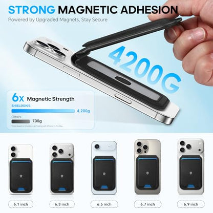 SHIELDON Genuine Leather Magnetic Wallet Stand for MagSafe, Pebbled Black | Strong Magnetic, 6 Card Holders, Kickstand, Rfid Blocking, Quick-access, ID Window, for iPhone 17/16/15/14/13/12 Series - color: Pebbled Black