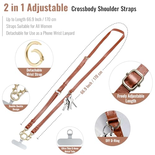 Clip and Go Phone Strap Crossbody Wrist 2 in 1 Leather Lanyard with Tether Hanging Loops Adjustable Anti-Theft Purse Replacement Handbag Long Thin Shoulder Neck Straps for All Phones Keys Bags Brown - color: Brown