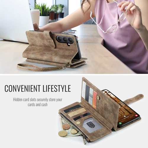 Compatible with Samsung Galaxy S26 Wallet Case,with Card Holder Kickstand Magnetic Zipper Pocket Lanyard Strap Wristlet,Leather Flip Case Wallet for Samsung Galaxy S26 5G 6.3 Inch(Brown) - color: Brown, size: S26 6.3 Inch