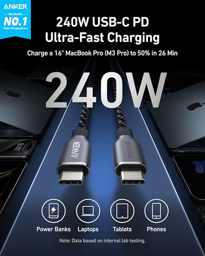 Anker Prime USB C to USB C Cable, 240W Fast Charging Durable Cable (3 ft) - size: 3FT