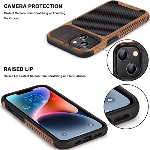 TENDLIN Magnetic Case Compatible with iPhone 14 Case Wood Grain with Carbon Fiber Texture Design Leather Hybrid Slim Cover (Compatible with MagSafe) Black - color: Magnetic Black, size: iPhone 14
