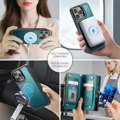 Defencase for iPhone 14 Pro Max Case Wallet Compatible with Magsafe, Green | Drop-Proof Magnetic Detachable Phone Cases Cover, with RFID Bolcking Card Holder, Zipper Strap, PU Leather, Removable Wallet - color: (Detachable with Magsafe)-Blue Green