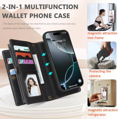 for iPhone 16 Wallet Case, Detachable Magnetic Shockproof Phone Case,Faux Leather Crossbody Wallet,with RFID Blocking，Zipper Card Holder，Shoulder Strap (Black) - color: Black, size: iPhone 16