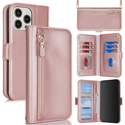 for iPhone 15 Pro Wallet Case for Women,for iPhone 15 Pro Case with Strap Crossbody Lanyard,PU Leather Shockproof Card Holder Stand Zipper Pocket Flip Phone Case-Rose Gold - color: Rose gold