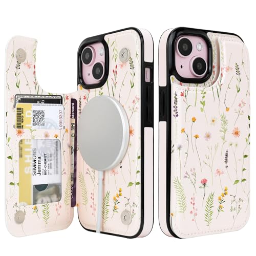 uCOLOR for iPhone 13/14 Wallet Case Magsafe with Card Holder Slot | Compatible with MagSafe,Folio Flip PU Leather Magnetic RFID Design, with Camera Lens Protector, Nude Wild Flower - color: Nude Wild Flower