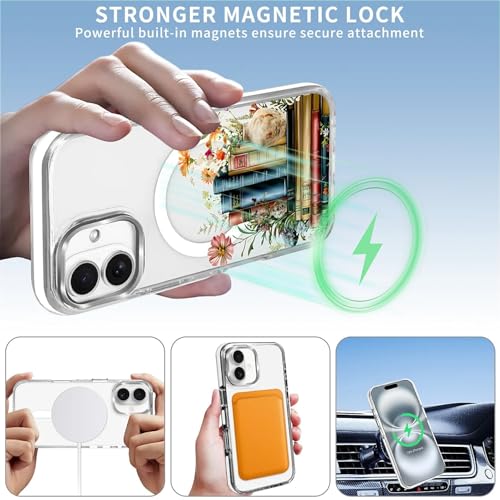 Magnetic Case for iPhone 15 Plus iPhone 14 Plus Design On Clear Base, Compatible with MagSafe, Slim Protective Soft TPU Bumper Phone Cover Women Girls Case -Clear Book Lover Flower - color: Clear Book Lover Flower, size: iPhone 15 Plus iPhone 14 Plus