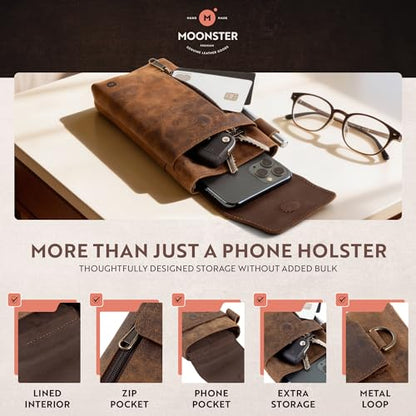 Moonster Leather Phone Holster – Genuine Full-Grain Leather for iPhone 17/16/15/14 Pro Max & Plus, Galaxy S25/S24 Ultra – Slim Belt Clip Phone Pouch with Magnetic Closure, Fits Thick Cases – 7” x 3.5” - color: Brown Vertical