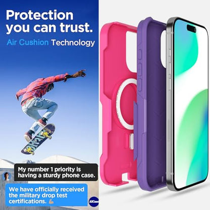 AICase for iPhone 16 Case [Compatible MagSafe],Heavy Duty 20 FT Drop Protection Full Body Rugged Shockproof Military Protective Tough Durable Phone Cover 6.1" for Men Women_3 - color: Pink/Purple with Magsafe