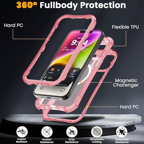 WRJ Magnetic Matte for iPhone 13 Case,iPhone 14 Case,[Compatible with MagSafe][Military Grade Drop Protection] Translucent Anti-Fingerprint Full Body Shockproof Phone Case-Peach Pink - color: Peach Pink, style: Matte
