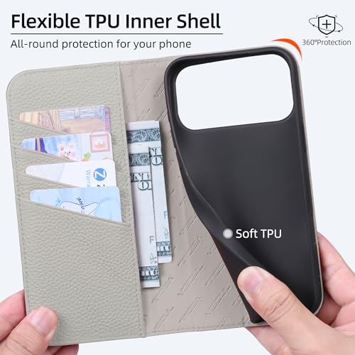 VISOUL Pebbled Leather Wallet Case for iPhone 17 Pro Max 6.9" 2025, Genuine Leather Flip Folio Cover with RFID Blocking Card Holders, Kickstand, Soft TPU Protective Flip Cover -Black+Gray - color: Black+Gray
