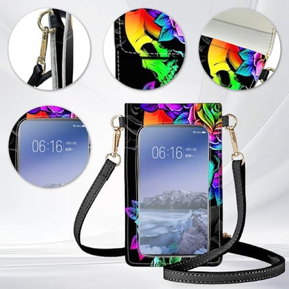 for Women Cell Phone Purse,with Touchscreen Cell Phone Purse,PU Leather Shoulder Bag Waterproof Phone Wallet Case with Clear Touch Screen Window up to 6.7 inch Smartphone, - color: Colorful Skull Rose Flower