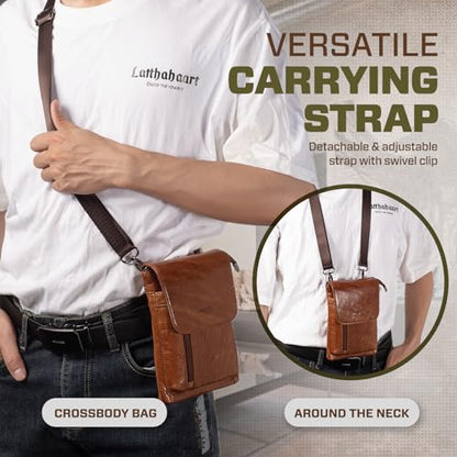 Genuine Leather Small Crossbody Bag for Men Women, Cellphone Belt Pouch Bag, Travel Passport Wallet, Shoulder Holster - color: Brown