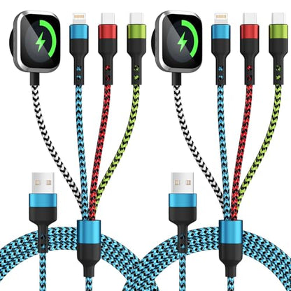 Travel Essentials 4 in 1 Multi Charging Cable for iWatch Charger, 2Pcs 5FT - color: Blue
