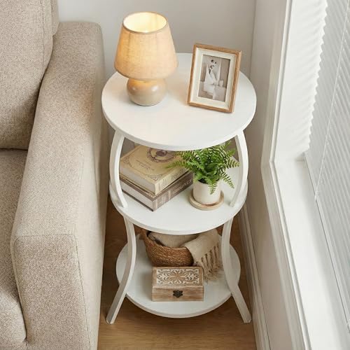 YEAKOO Small Round Side Table,3-Tier Slim Waist End Table for Small Spaces - color: White, style: Classic