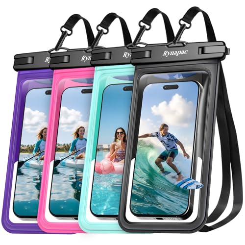 Rynapac Waterproof Phone Pouch [Up to 8.5"] - 4 Pack, IPX8 Waterproof Phone Case with Lanyard for iPhone 17 16 15 Pro Max, Touchscreen & Photograph, Cellphone Dry Bag for Beach Cruise Essentials 2026 - color: [Black + Green + Purple + Rose Red]
