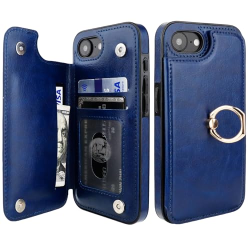 ONETOP for iPhone 17e/16e Wallet Case with Credit Card Holder,Blue | 360° Rotation Ring Kickstand,Finger Grip,Double Magnetic Clasp,RFID Blocking PU Leather Shockproof Cover for Women Men - color: Blue