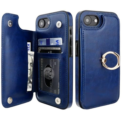 ONETOP for iPhone 17e/16e Wallet Case with Credit Card Holder,Blue | 360° Rotation Ring Kickstand,Finger Grip,Double Magnetic Clasp,RFID Blocking PU Leather Shockproof Cover for Women Men - color: Blue