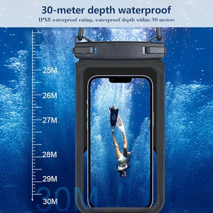 Large Waterproof Phone Pouch, Black+Green, 2-Pack Up to 10" | IPX8, Universal, Double-layered, Dry Bag with Lanyard, Beach Kayak Cruise Travel