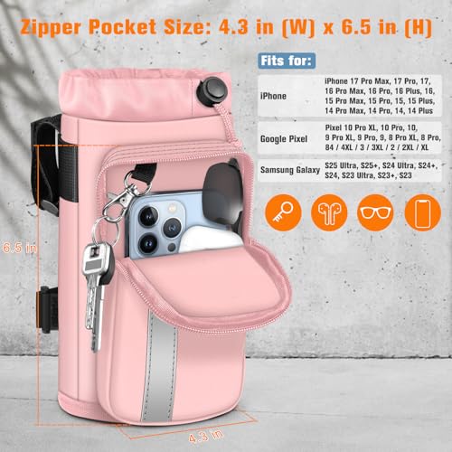 FINPAC Cup Holder for Bike, Universal Water Bottle Holder w/Phone Pockets - color: Pink