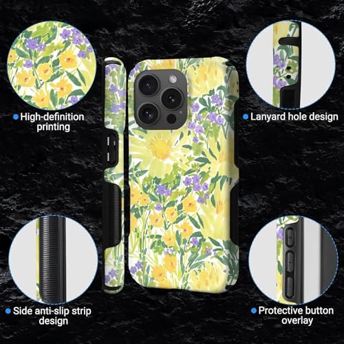 Case for iPhone 15 Pro | Anti-Slip Side Handle| Bold Protective Design | Compatible with MagSafe | Bright Yellow Wildflowers | - color: Bright Yellow Wildflowers, size: iPhone 15 Pro