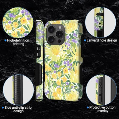 Case for iPhone 15 Pro | Anti-Slip Side Handle| Bold Protective Design | Compatible with MagSafe | Bright Yellow Wildflowers | - color: Bright Yellow Wildflowers, size: iPhone 15 Pro