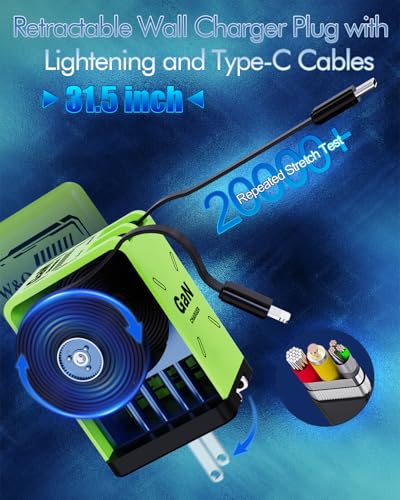 W & O 2-in-1 gan Compatible with Fast Charger,Retractable Phone Charger with Cables,45W iPhone Charger Fast Charging,Fast Charger for iPhone16/15/14/13 Series, Galaxy S25/24,Android and More（Green） - color: Evergreen