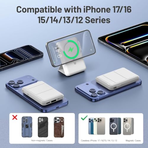 Azmuth for MagSafe Portable Charger, 10000mAh Magnetic Power Bank | 20W PD Fast Charging Magnetic Travel Charger with Dual USB-C LED Display for iPhone 17/16/15/14/13/12 Series - color: Pearl White