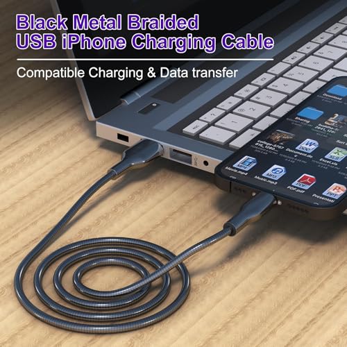 6FT Chew Proof Metal USB to Lightning iPhone Charger Cord, Cat Proof, Black