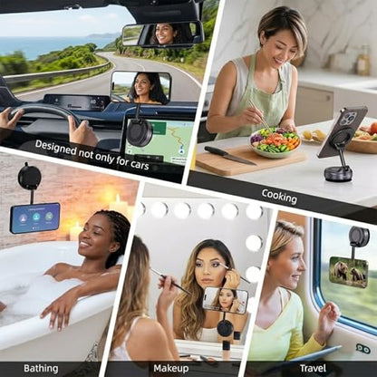 Vacuum Magnetic Car Phone Holder for MagSafe – 360° Adjustable Suction Cup Mount for Car, Gym & Mirror | Hands-Free Use | Compatible with iPhone & Android (Black)