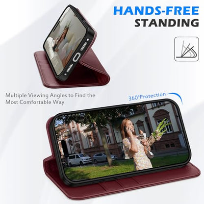 SHIELDON Genuine Leather Flip Wallet Case for iPhone 17 Pro 6.3", Wine Red | RFID Blocking, Credit Card Holder, Magnetic Closure, Kickstand, Folio Design, Soft Shock-Absorbent Phone Cover - color: Wine Red
