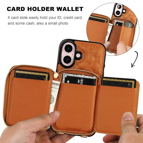 Bocasal Crossbody Wallet Case Card Holder for iPhone 16, Brown | RFID Blocking PU Leather Zipper Handbag Purse, Kickstand Flip Folio Case with Card Slots Holder Wrist Strap Lanyard 6.1 Inch - color: Brown