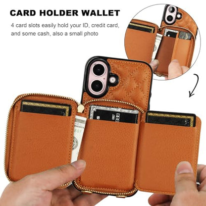 Bocasal Crossbody Wallet Case Card Holder for iPhone 16, Brown | RFID Blocking PU Leather Zipper Handbag Purse, Kickstand Flip Folio Case with Card Slots Holder Wrist Strap Lanyard 6.1 Inch - color: Brown