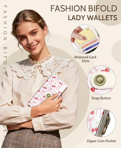 GIANCOMICS Cute Womens Wallet RFID Blocking, Bow Credit Card Holder Bifold | Billfold, Cute Cash Purse, Travel Zipper Coin Pocket, Compact Clutch, PU Leather, ID Window, 11 Card Slots, Ladies Gift Woman - color: Bows and Cherry