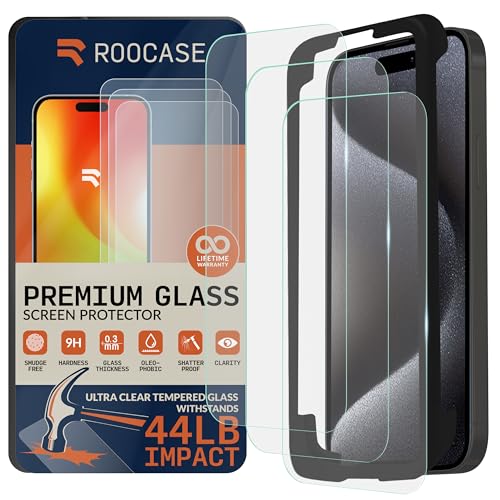 rooCASE Glass Screen Protector Compatible for Apple iPhone 15 Pro, (6.1 Inch), Case Friendly Tempered Glass Front Cover Protection with Alignment Frame, Pack of 3