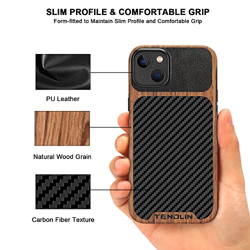 TENDLIN Compatible with iPhone 14 Plus Case Wood Grain with Carbon Fiber Texture Design Leather Hybrid Slim Case Black - color: Black, size: iPhone 14 Plus