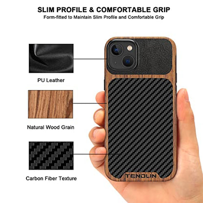 TENDLIN Compatible with iPhone 14 Plus Case Wood Grain with Carbon Fiber Texture Design Leather Hybrid Slim Case Black - color: Black, size: iPhone 14 Plus