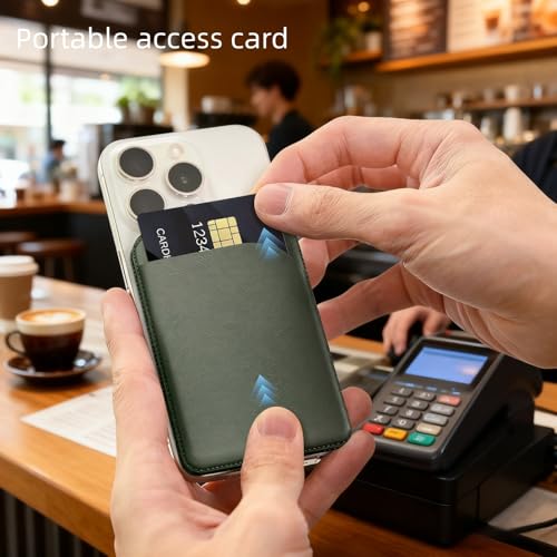Magnetic Wallet for Mag-Safe with Adjustable Stand, 5 Card Holder, RFID Blocking,Upgraded Leather Card Holder Wallets Compatible with iPhone 17 16 15 14 13 12 Series - color: green folding support