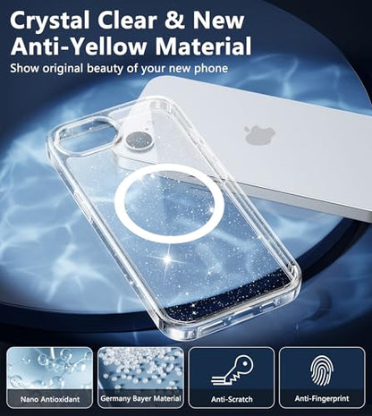 FNTCASE iPhone 17e/16e Case Magnetic Glitter | Sparkle Clear, Anti Yellowing Scratch-Resistant Transparent, Rugged Military Grade Protection Slim Cell Phone Cover - color: Clear Transparent