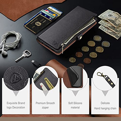 XcaseBar Compatible with ‌iPhone 16e 6.1"/17e 6.1" Wallet case with Zipper Credit Card Holder【RFID Blocking】,Flip Folio Book PU Leather Phone case Shockproof Cover Women Men for Apple 16e case Black - color: Black