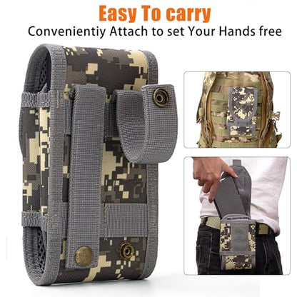 Double Capacity Phone Holster, Tactical Molle Belt Pouch with Flag Patch for iPhone 17 Pro Max/16 Pro Max/16Pro/15ProMax/14 Pro Max/13 Pro Max, Samsung S25, Size Large Extra Stiffness - color: Gray Camo