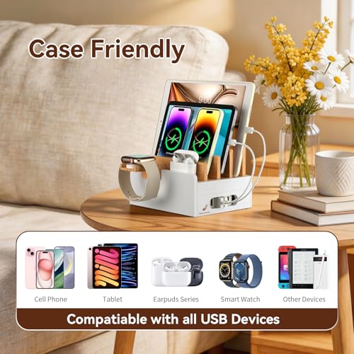 Pezin & Hulin Bamboo Charging Station with USB Charger&Cables-Natural+White - color: Natural + White(With Charger)