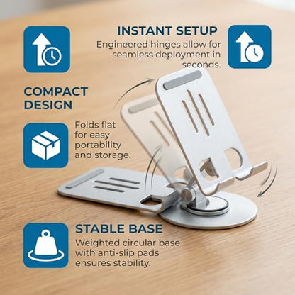 Universal Metal Cell Phone Stand, Multi-Angel Adjustable 360° Rotation Non-Slip Metal Phone Stents (Aurora Silver) - color: Aurora Silver